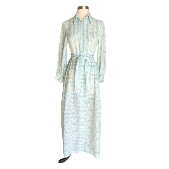 Vintage 60-70s Keyloun Floral Striped Maxi Button Shirt Dress Cottagecore Retro - Picture 1 of 8